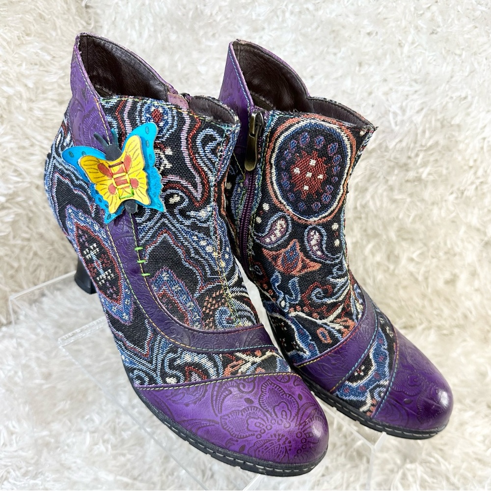 SOCOFY Purple Embroidered Ankle Boots with Butterfly Accent - Women Size 40